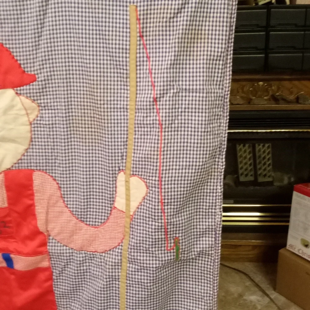 VINTAGE Handcrafted Quilt Child Boy Fishing, Blue, Red & White Checkered 53x44
